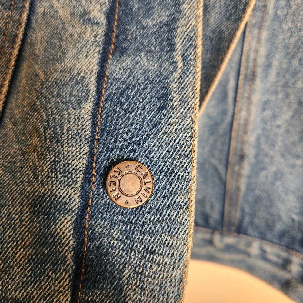 VTG 90s Calvin Klein Denim Trucker Jacket Large L MN C1201 Distressed Acid Wash